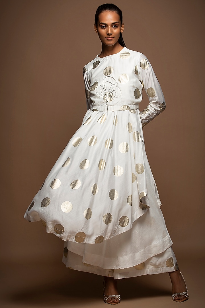 White Silk Chanderi Polka Jacket Set by House of MANAA at Pernia's Pop Up Shop
