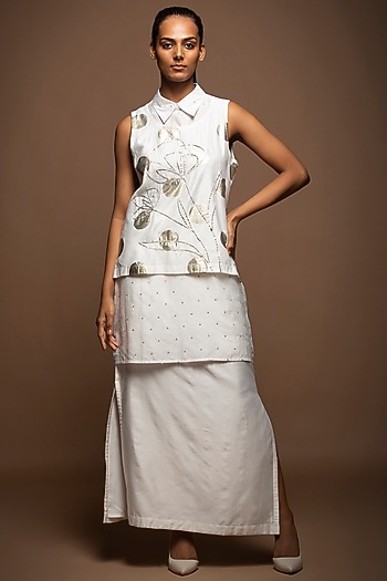 White Silk Chanderi Skirt Set by House of MANAA at Pernia's Pop Up Shop