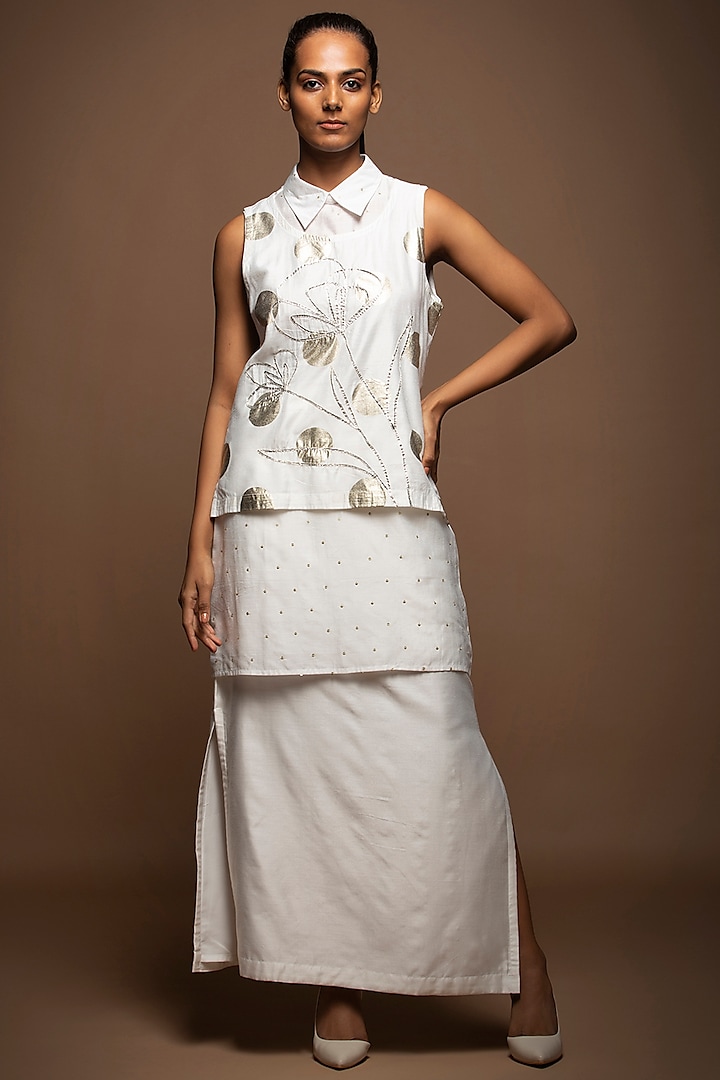 White Silk Chanderi Skirt Set by House of MANAA