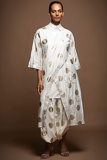 White Silk Chanderi Polka Overlapped Tunic Set by House of MANAA at Pernia's Pop Up Shop