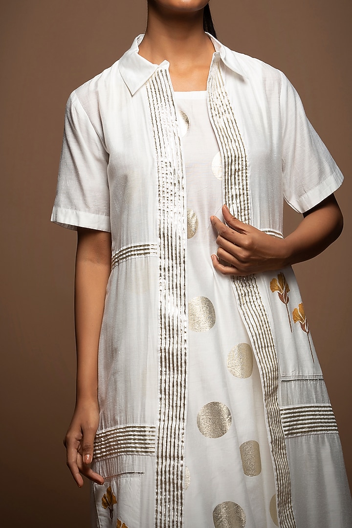 White Silk Chanderi Hand Painted Jacket Set by House of MANAA at Pernia's Pop Up Shop