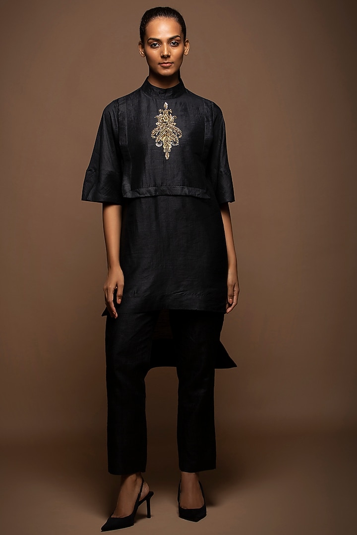 Black Viscose Silk Hand Embroidered Tunic Set by House of MANAA at Pernia's Pop Up Shop