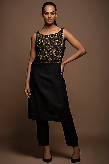 Black Viscose Silk Hand Embroidered Tunic Set by House of MANAA at Pernia's Pop Up Shop