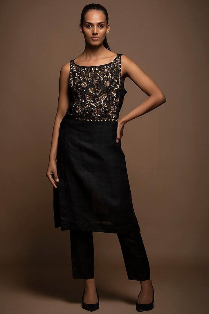Black Viscose Silk Hand Embroidered Tunic Set by House of MANAA