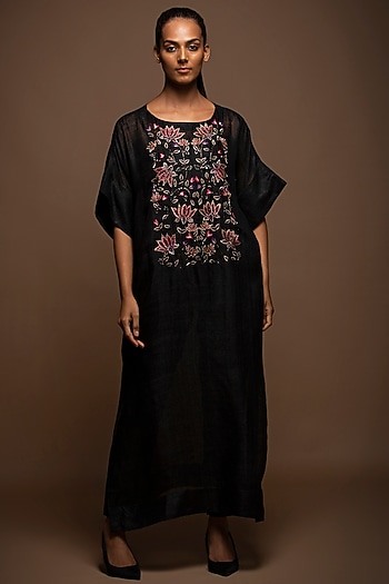 Black Viscose Silk Hand Embroidered Kaftan Set by House of MANAA at Pernia's Pop Up Shop