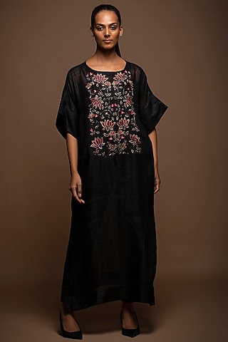 Black Viscose Silk Hand Embroidered Kaftan Set by House of MANAA