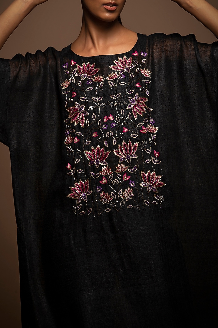 Black Viscose Silk Hand Embroidered Kaftan Set by House of MANAA at Pernia's Pop Up Shop