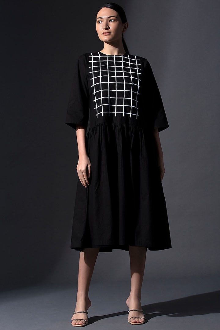 Black Pure Cotton Gathered Dress by House of MANAA