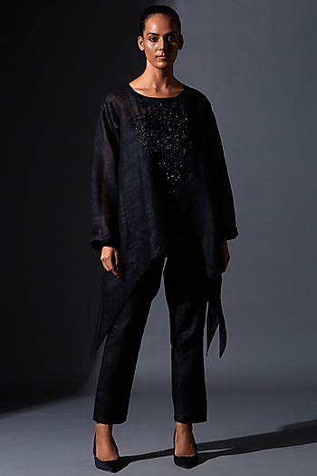 Black Viscose Silk Zardosi Embroidered Kaftan Set by House of MANAA at Pernia's Pop Up Shop
