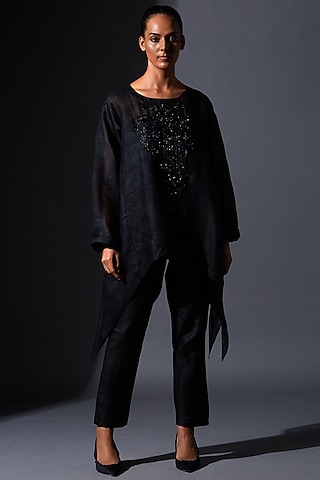 Black Viscose Silk Zardosi Embroidered Kaftan Set by House of MANAA