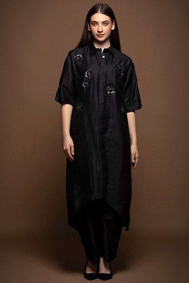 Black Viscose Silk Sequins Embroidered Tunic Set by House of MANAA