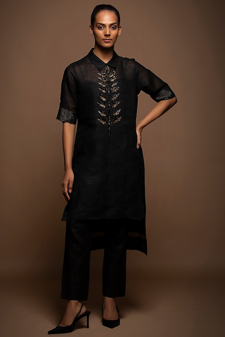 Black Viscose Silk Zardosi Embroidered Tunic Set by House of MANAA