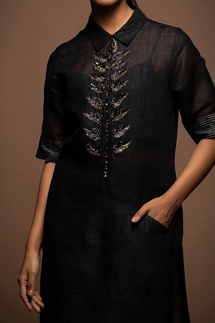 Black Viscose Silk Zardosi Embroidered Tunic Set by House of MANAA at Pernia's Pop Up Shop
