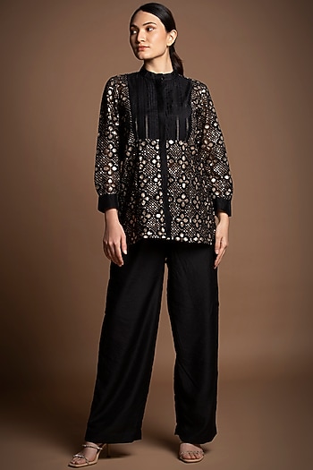 Black Silk Chanderi Sequins Embroidered Tunic Set by House of MANAA at Pernia's Pop Up Shop
