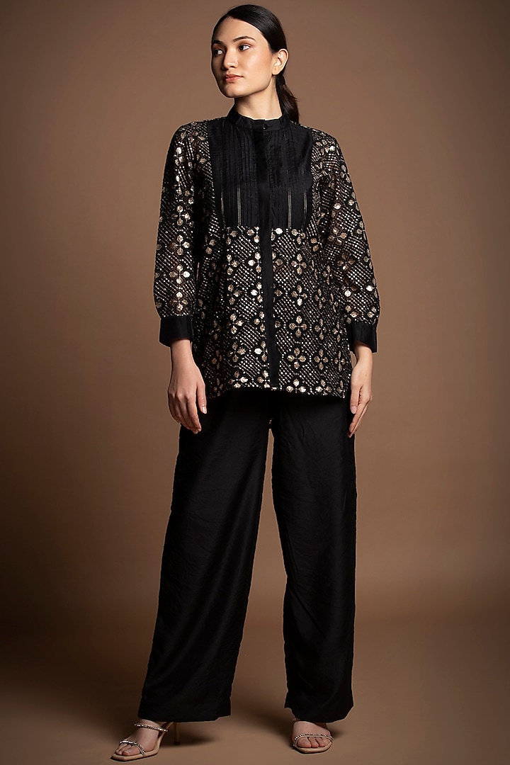 Black Silk Chanderi Sequins Embroidered Tunic Set by House of MANAA