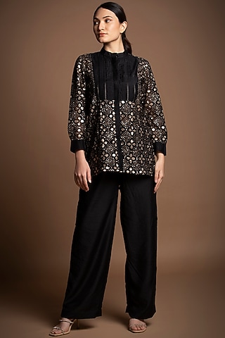 Black Silk Chanderi Sequins Embroidered Tunic Set by House of MANAA