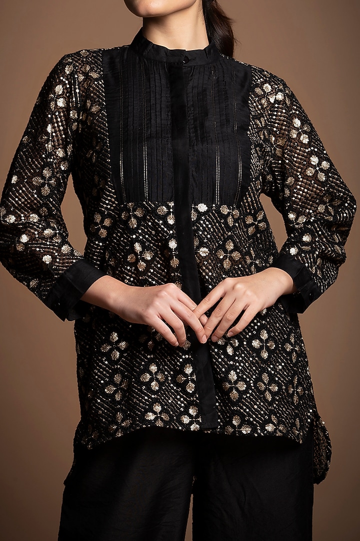 Black Silk Chanderi Sequins Embroidered Tunic Set by House of MANAA at Pernia's Pop Up Shop