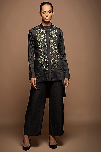 Black Viscose Silk Cutdana Embroidered Tunic Set by House of MANAA at Pernia's Pop Up Shop