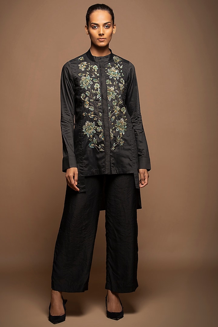 Black Viscose Silk Cutdana Embroidered Tunic Set by House of MANAA at Pernia's Pop Up Shop