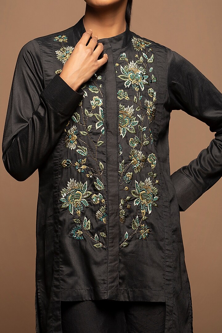 Black Viscose Silk Cutdana Embroidered Tunic Set by House of MANAA at Pernia's Pop Up Shop