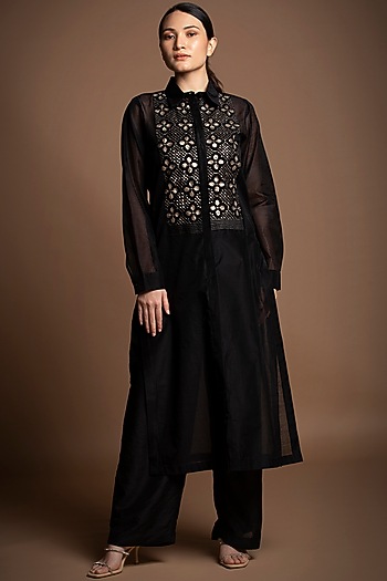 Black Silk Chanderi Sequins Embroidered Pant Set by House of MANAA at Pernia's Pop Up Shop