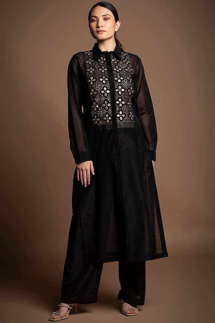 Black Silk Chanderi Sequins Embroidered Pant Set by House of MANAA
