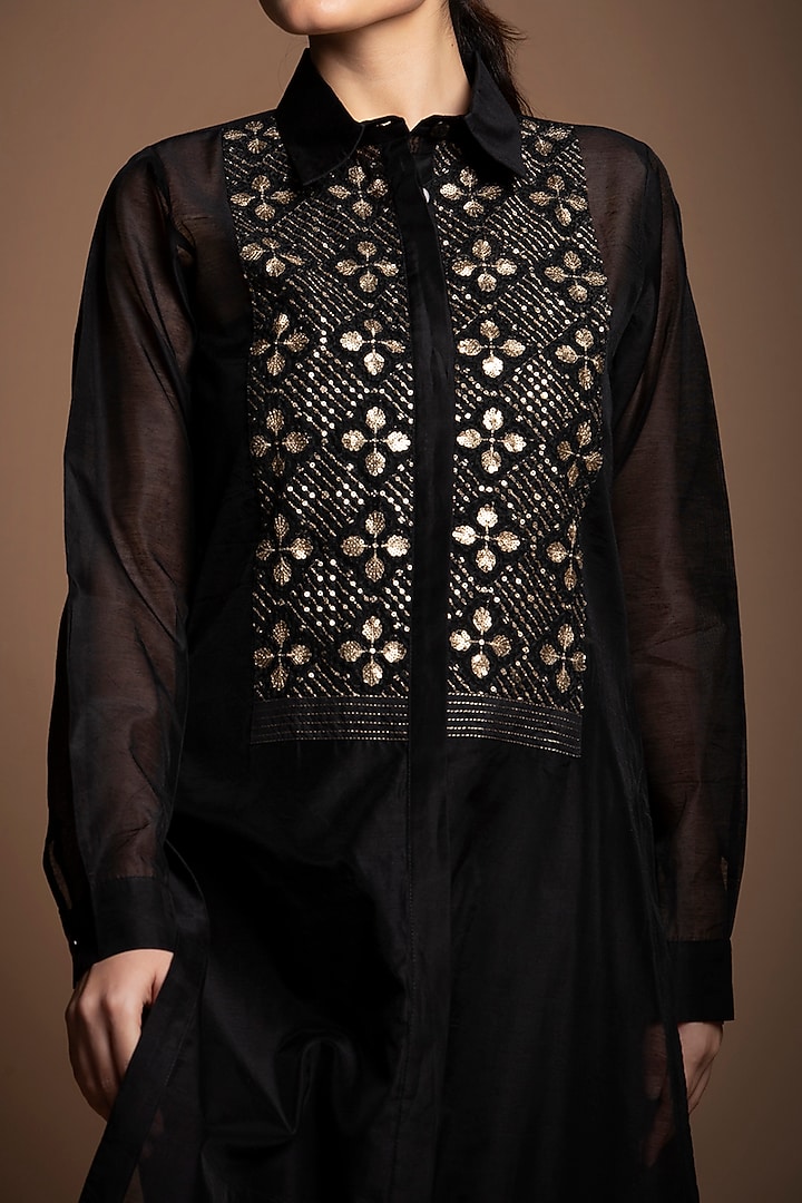 Black Silk Chanderi Sequins Embroidered Pant Set by House of MANAA at Pernia's Pop Up Shop