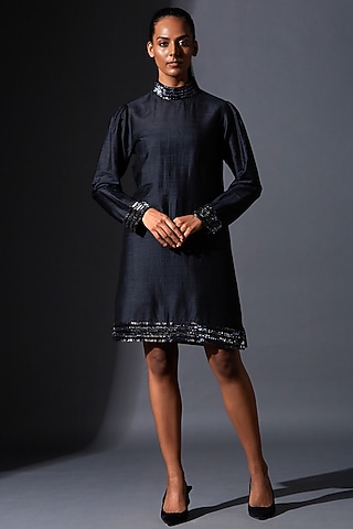 Black Viscose Zardosi Embroidered Jacket Dress by House of MANAA