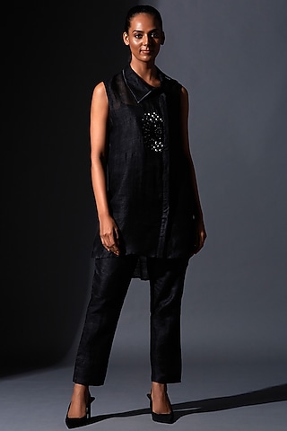 Black Viscose Silk Hand Embroidered Tunic Set by House of MANAA