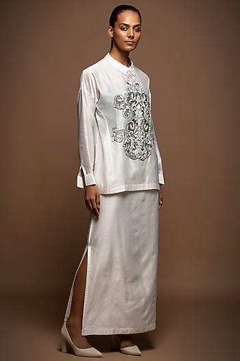 White Silk Chanderi Zardosi Embroidered Skirt Set by House of MANAA at Pernia's Pop Up Shop