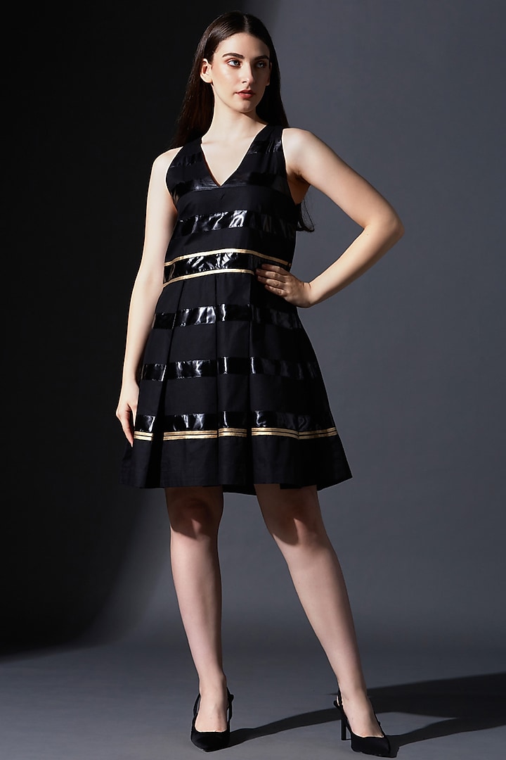 Black Pure Cotton Pleated Dress by House of MANAA