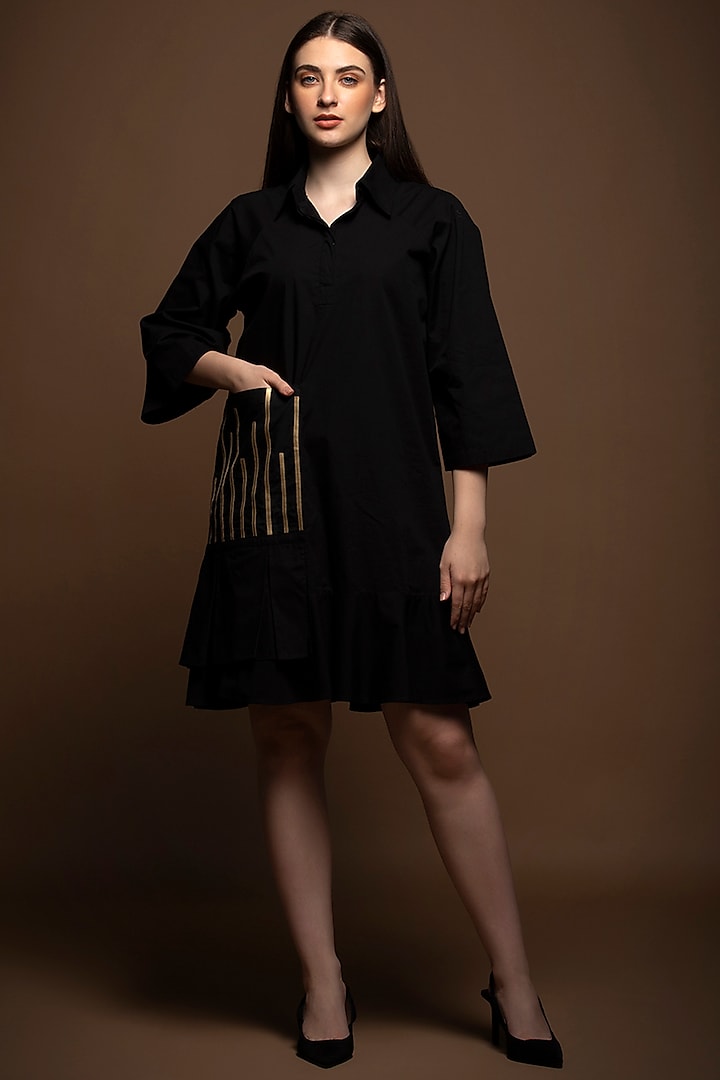 Black Pure Cotton Pleated Shirt Dress by House of MANAA