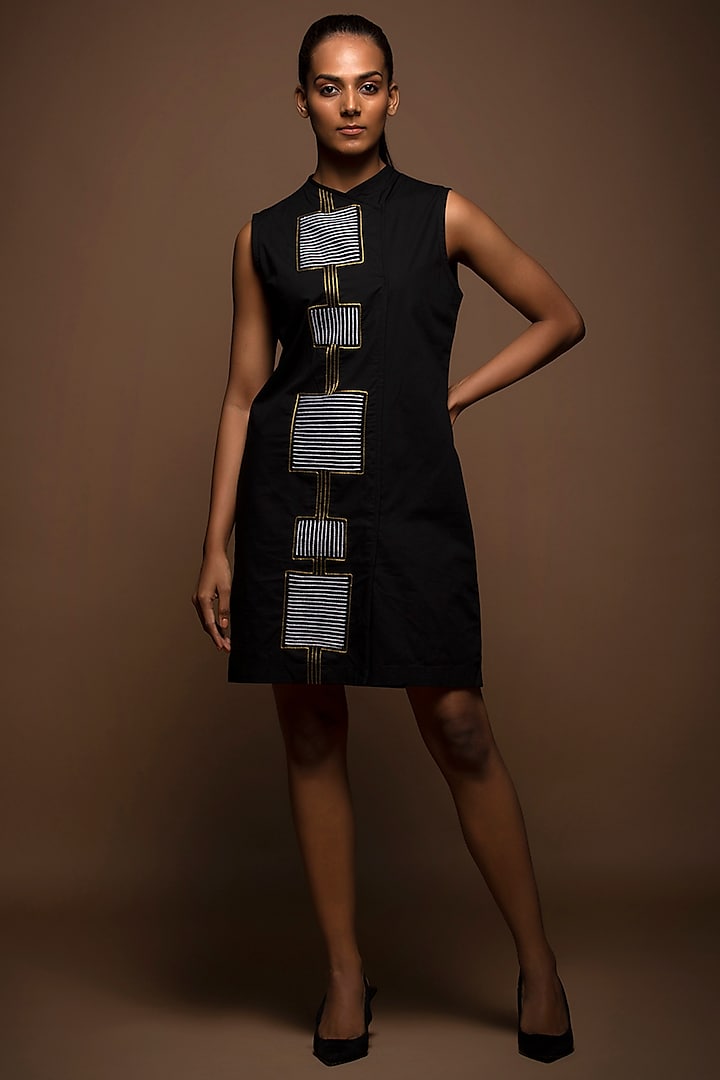 Black Pure Cotton Overlapped Wrap Dress by House of MANAA