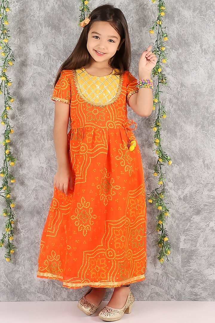 Orange Kota Silk Maxi Dress For Girls by M'andy