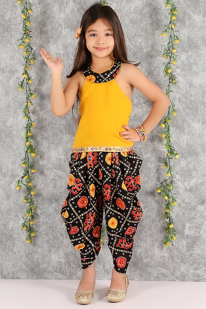 Black Cotton Printed Dhoti Set For Girls by M'andy