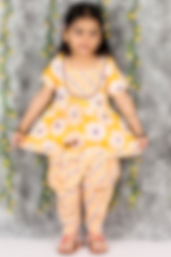 Yellow Cotton Printed Kurta Set For Girls by M'andy