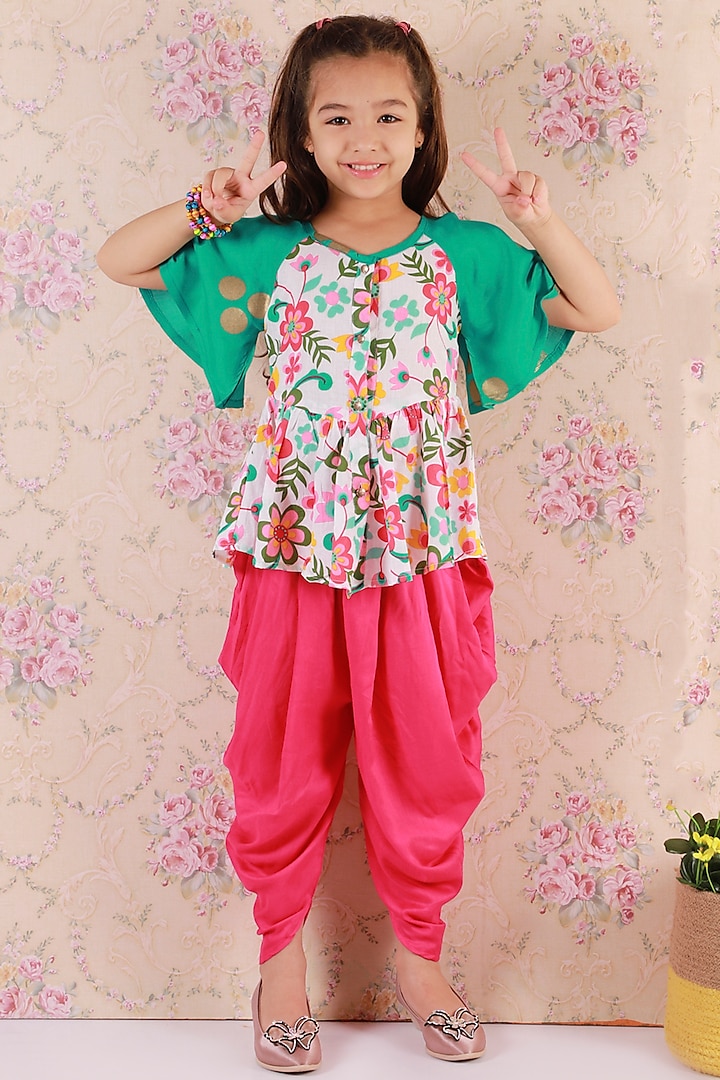 Pink Cotton Printed Dhoti Set For Girls by M'andy at Pernia's Pop Up Shop