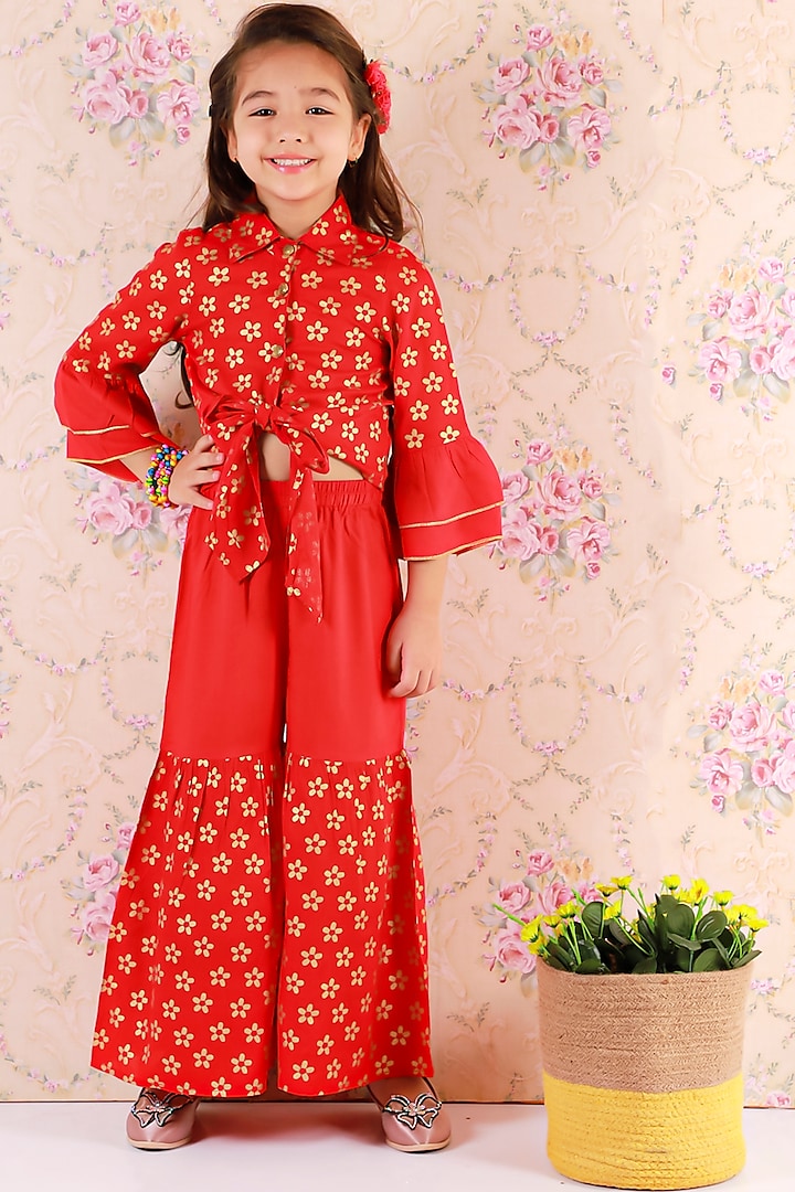 Red Cotton Sharara Set For Girls by M'andy