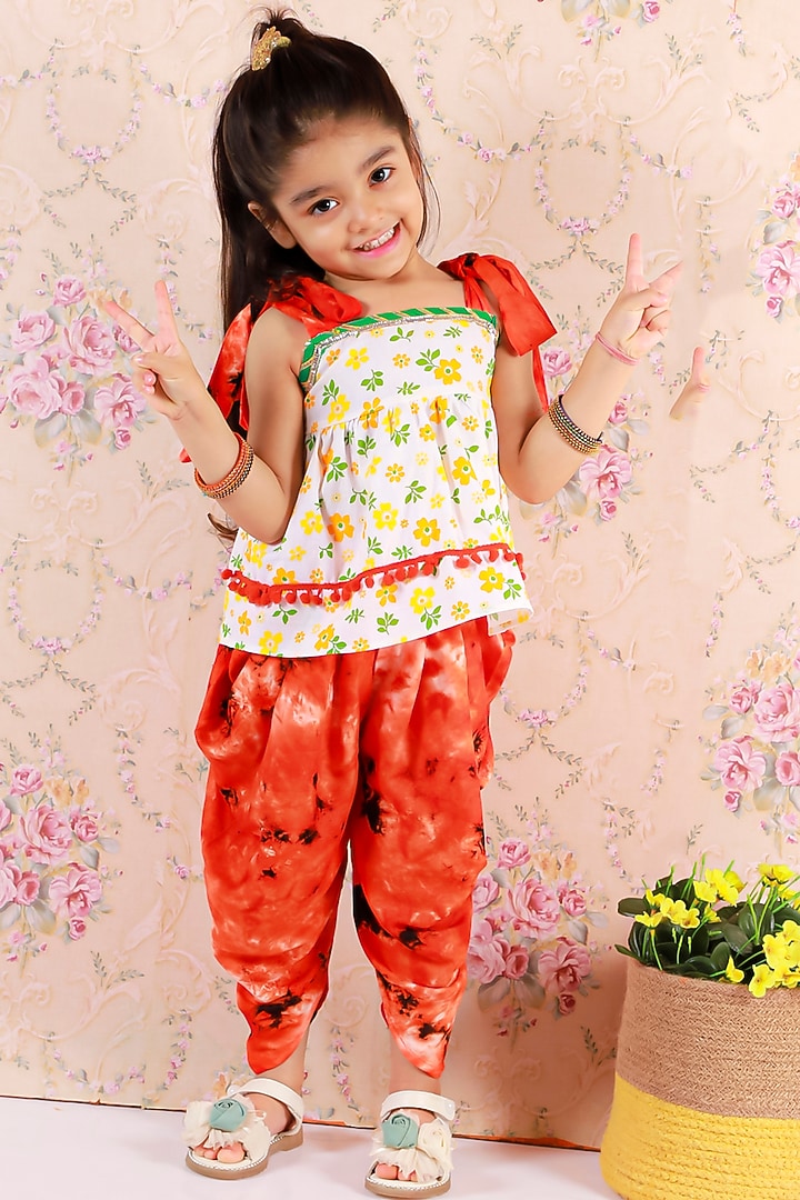 Orange Tie-Dyed Dhoti Set For Girls by M'andy at Pernia's Pop Up Shop