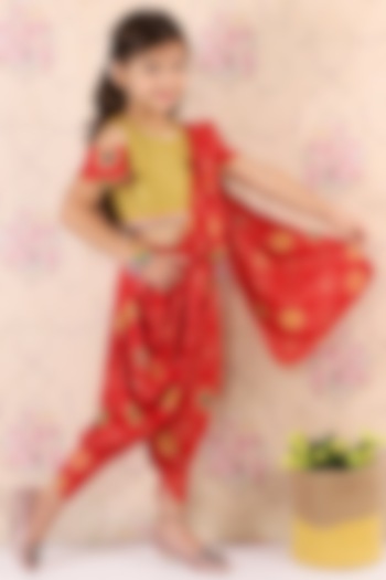 Red Cotton Dhoti Saree Set For Girls by M'andy at Pernia's Pop Up Shop