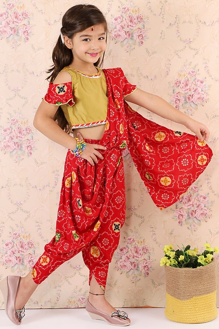 Red Cotton Dhoti Saree Set For Girls by M'andy at Pernia's Pop Up Shop