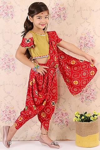 Red Cotton Dhoti Saree Set For Girls by M'andy