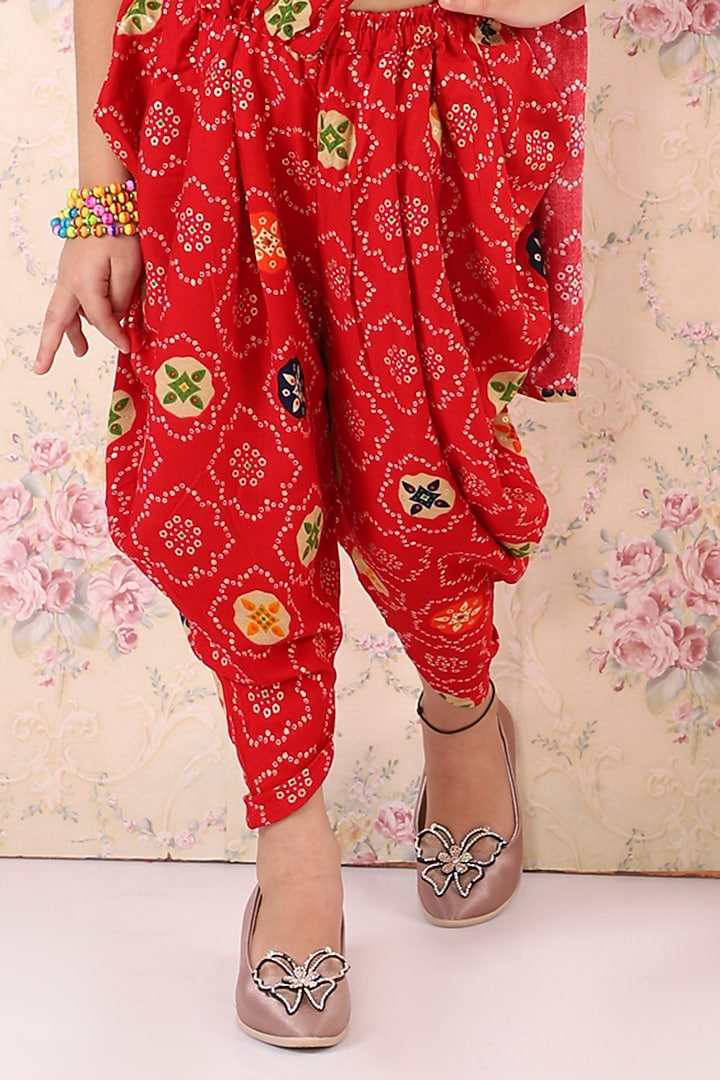 Red Cotton Dhoti Saree Set For Girls by M'andy at Pernia's Pop Up Shop