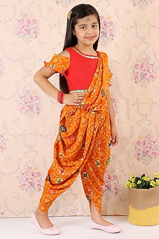 Mustard Cotton Dhoti Saree Set For Girls by M'andy