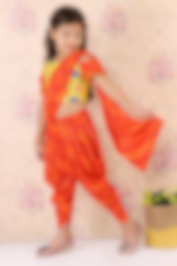 Orange Cotton Dhoti Saree Set For Girls by M'andy at Pernia's Pop Up Shop