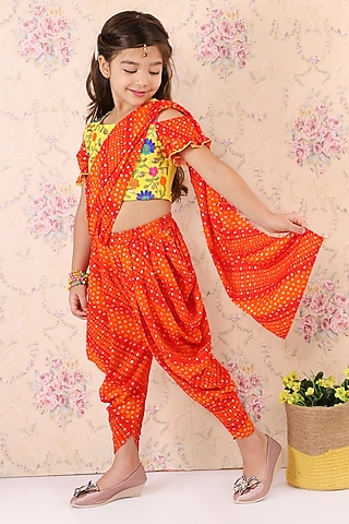 Orange Cotton Dhoti Saree Set For Girls by M'andy
