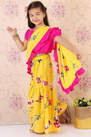 Yellow Poly Crepe Sharara Saree Set For Girls by M'andy