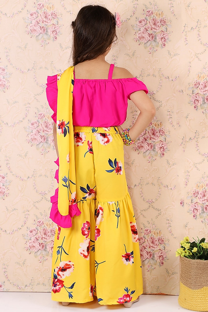 Yellow Poly Crepe Sharara Saree Set For Girls by M'andy at Pernia's Pop Up Shop