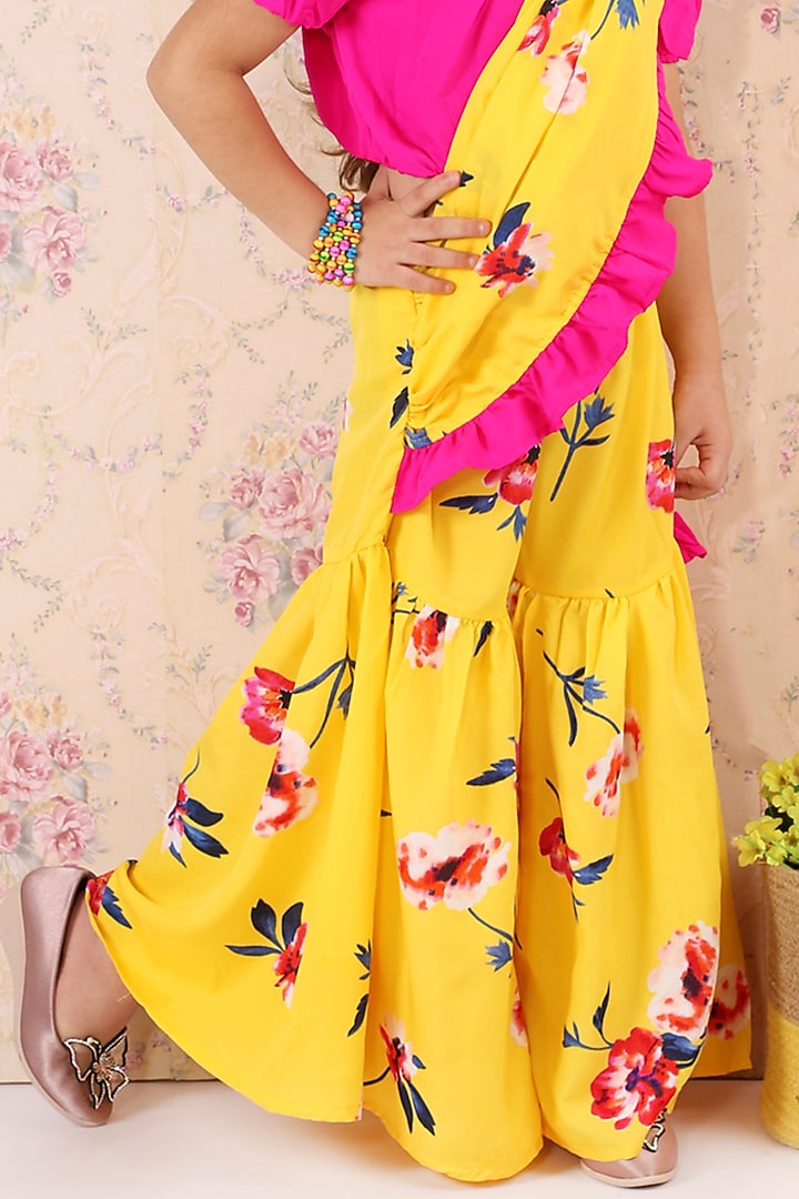 Yellow Poly Crepe Sharara Saree Set For Girls by M'andy at Pernia's Pop Up Shop