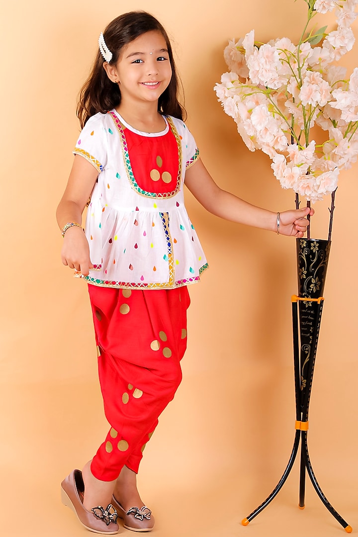 Red Cotton Foiled Dhoti Set For Girls by M'andy